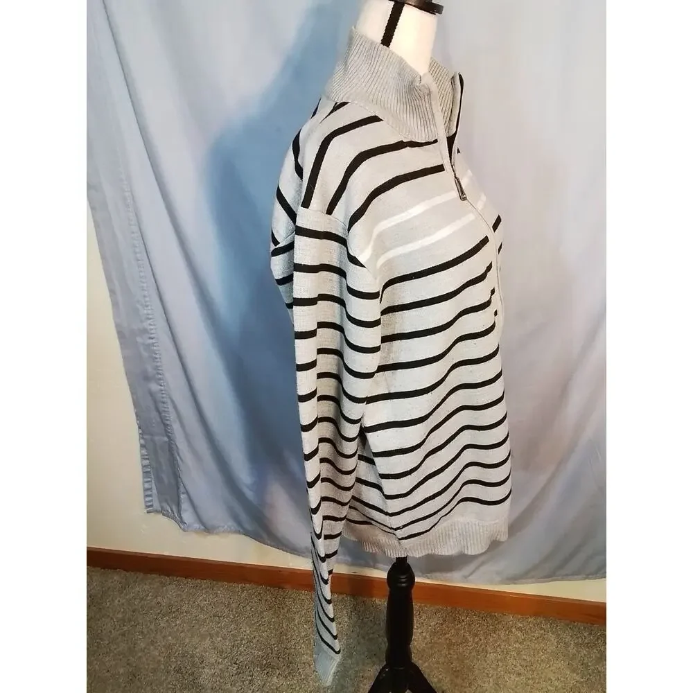 True Rock cardigan , Gray with black and white striper.